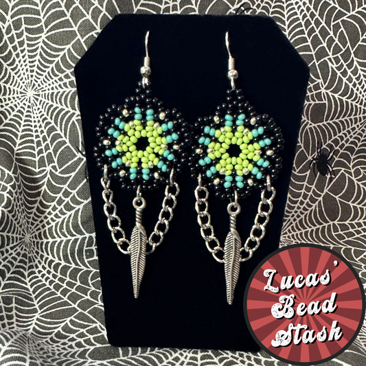 Beaded earrings-Green Feather